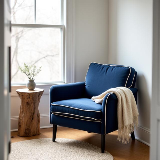 A cozy reading nook with navy blue cushions and a weathered wood side table