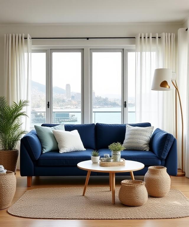 Sun-drenched living room with navy accents and affordable coastal decor