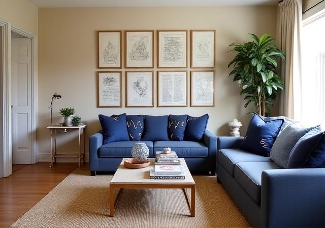 Coastal living room with navy accents and jute rugs