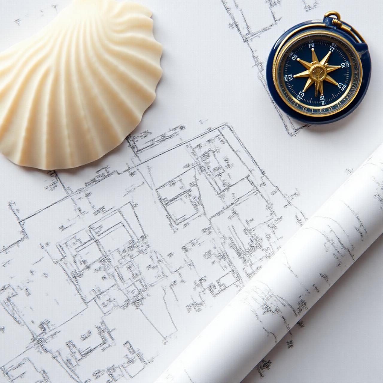 Nautical design blueprint and sea shell details