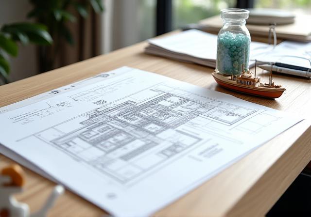 Nautical themed office setup with blueprint and ship model