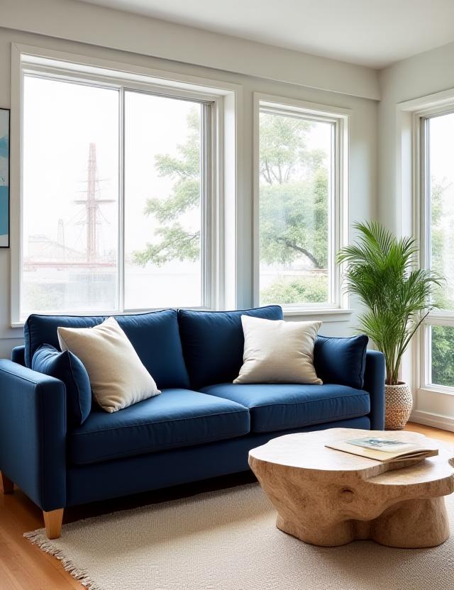 A compact coastal living room with navy accents and natural light