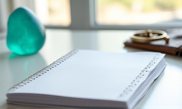 Clean desk with nautical decor and a notebook